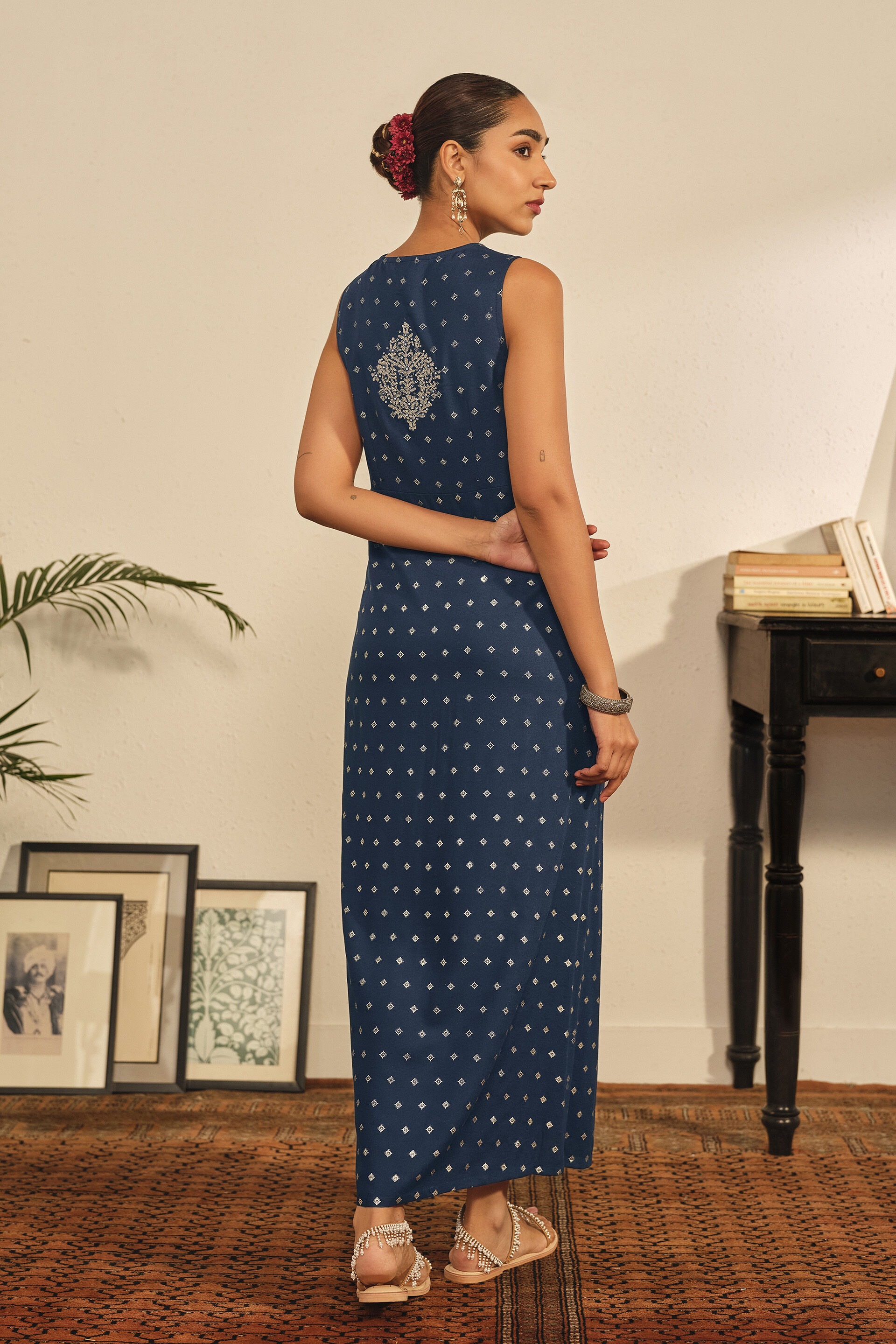 Printed Wrap Maxi Dress in Indigo, Indigo, image 3
